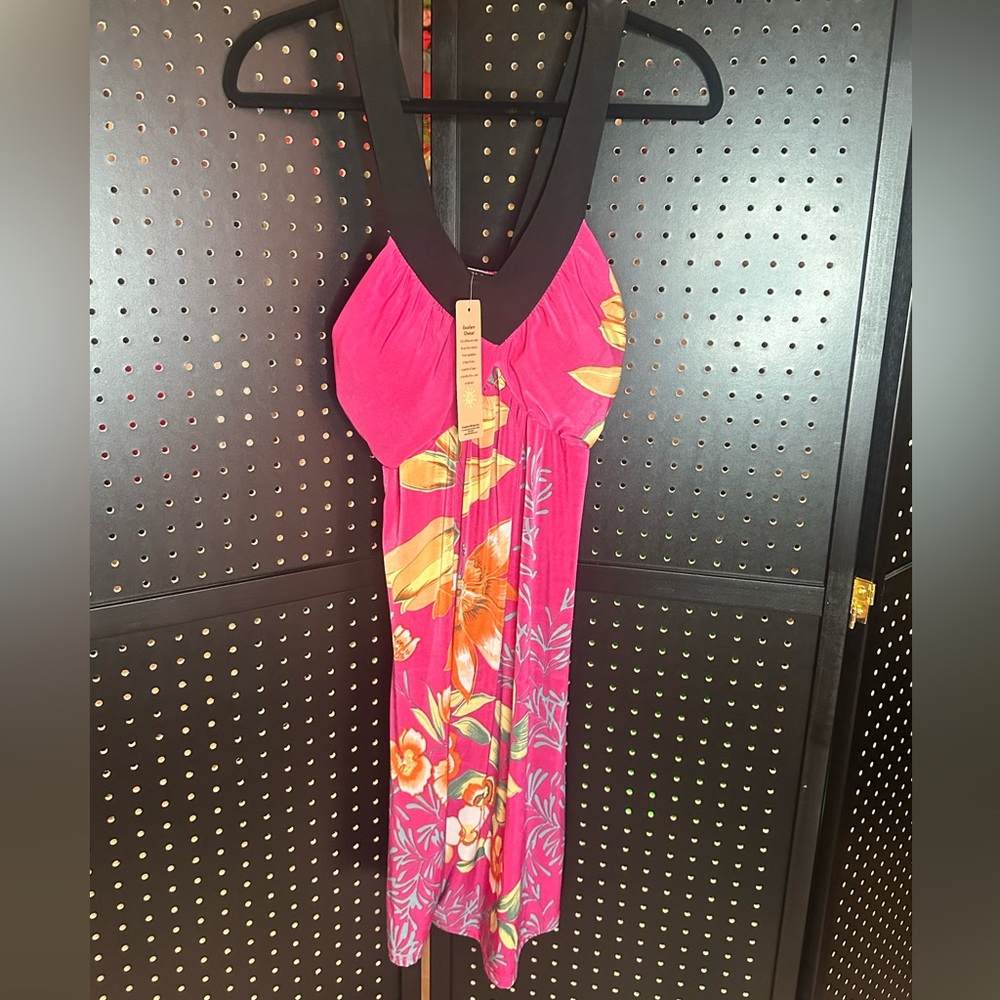 raya sun Hot Pink Floral Maxi Dress with Black Trim